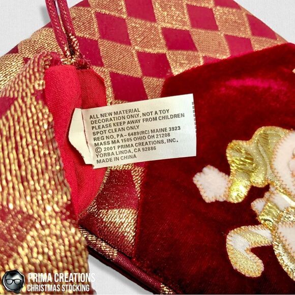 VINTAGE CHRISTMAS STOCKING APPLIQUÉ SANTA & SNOWMAN VELVET FELT IN RED & GOLD - Picture 11 of 13